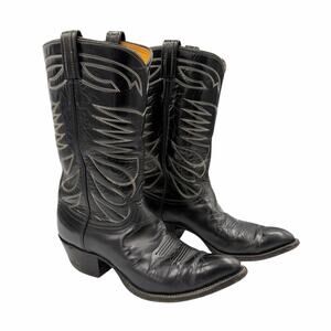 Tony Lama Mens Black Leather Contrast Stitching Pointed Toe Western Cowboy Boots